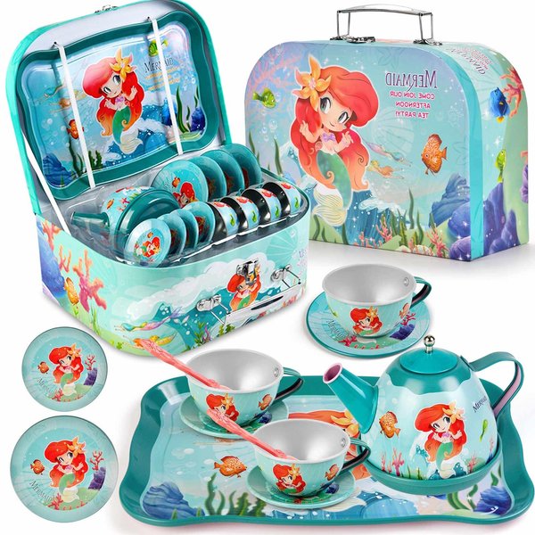 Lajeje Mermaid Tea Party Set for Little Girls, Kids Party Set Toys for 3 4 5 6 Year Old Girls, Pretend Toy Tin Tea Set & Carrying Case, Princess Tea Time Kitchen Play Toys, Birthday Gifts for Girls