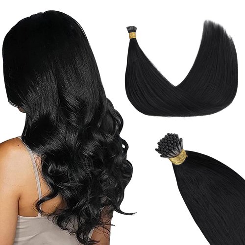 GOO GOO I Tip Hair Extensions Real Human Hair, 24inch 50g 50S, Cold Fusion I Tip Hair Extensions, Invisible Remy Hair Extensions, 1 Jet black