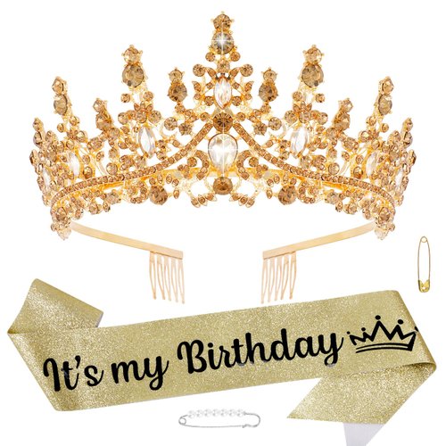 CHANACO Birthday Crown Tiaras for Women Its My Birthday Sash Gold Crystal Birthday Tiara Rhinestone Birthday Headband Princess Crown for Girls Hair Accessories Happy Birthday Party Decorations