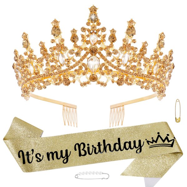 CHANACO Birthday Crown Tiaras for Women Its My Birthday Sash Gold Crystal Birthday Tiara Rhinestone Birthday Headband Princess Crown for Girls Hair Accessories Happy Birthday Party Decorations