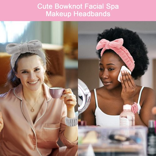 CIEHER 12 PCS Makeup Headband for Women Wrist Washband Scrunchies Cuffs for Washing Face, Soft Bow Hair Band Matching Wristbands, Spa Headband Coral Fleece Bow Headbands for Girls