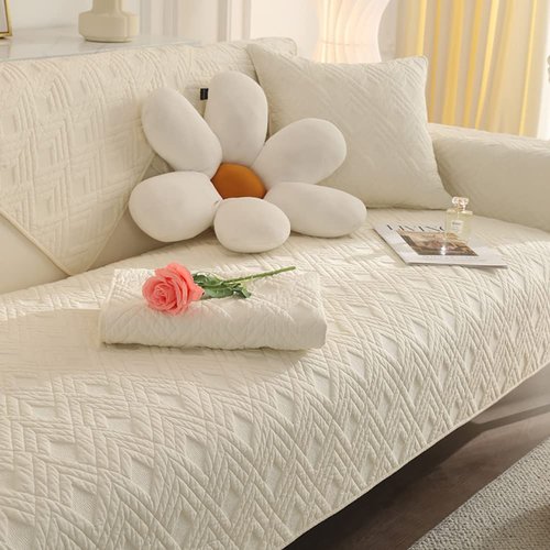 vctops Geometric Quilted Sofa Cover Cotton Sectional Couch Covers Anti Slip L Shape Couch Cover for Kids Dog, Armrest Backrest Loveseat Furniture Protector, 1 Piece/Not All Set (Beige,27"x70")