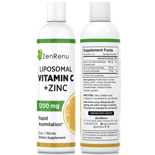 Zenrenu Liposomal Vitamin C and Zinc Liquid Drink for Adults &amp; Kids - Non GMO Sunflower Lecithin ...