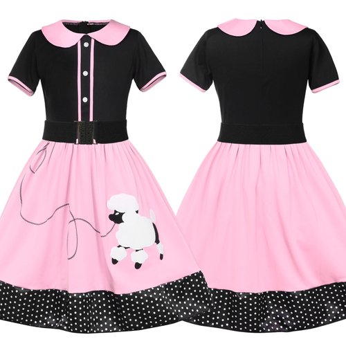 Alaiyaky 50s Costumes for Girls Kids Poodle Skirts Costume Accessory Set of 7Pcs Halloween (Pink, 130(8-9Y))