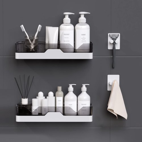 UIFER 2-Pack Adhesive Shower Caddy, Shower Shelves with Hooks, No Drilling Shower Racks for Inside Shower & Kitchen Storage
