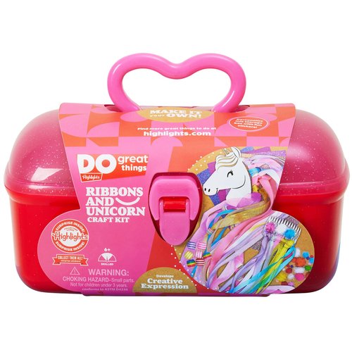 Highlights for Children Ribbons and Unicorn Craft Kit for Kids, 3 Crafts in 1, Create a Unicorn Wand, Ribbon Hoop, and Hair Comb, Includes Reusable Carrying Case for Mess Free Storage, Ages 6+
