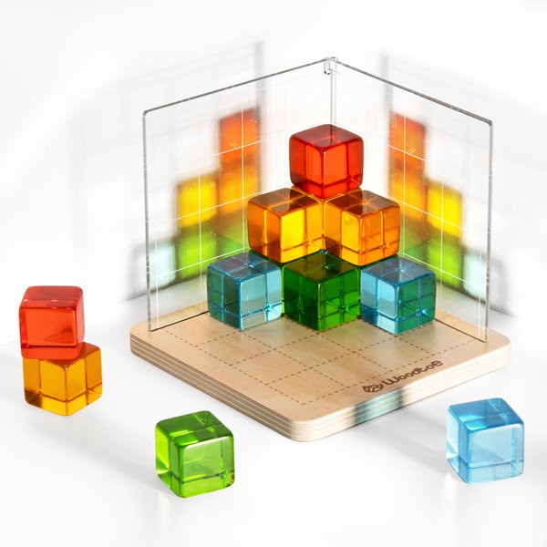 Woodtoe Rainbow Building Blocks for Kids, 3D Spatial Projection Game with 16 PCS Rainbow Gem Cubes, Montessori Stacking Toys, Educational Sensory Toy Birthday for Boys Girls 4+