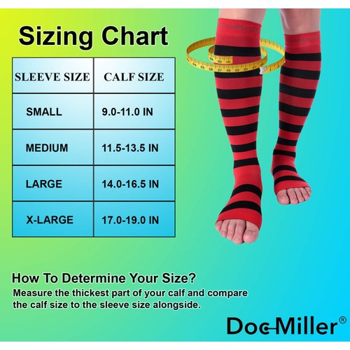 Doc Miller Open Toe Compression Socks for Women and Men 15-20mmHg, Shin Splints, Varicose Veins and Calf Injury Recovery, 1 Pair Red Black Medium Toeless Compression Socks Women