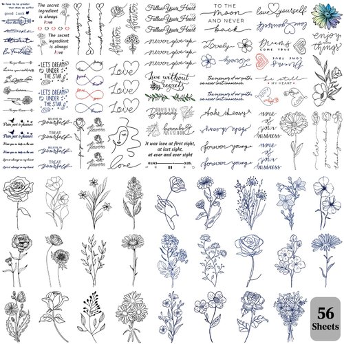 Aresvns Waterproof Cute Temporary Tattoos 56 Sheets for women teen girls,Tiny Tattoos,Inspirational Quotes,Words,Flowers,Roses