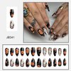 Halloween Press on Nails Medium Almond Nails Cute Ghost False Nails Orange Flower Design Black Halloween Nail Artificial Acrylic Nails Full Cover Coffin Nails Halloween Glue on Nails for Women