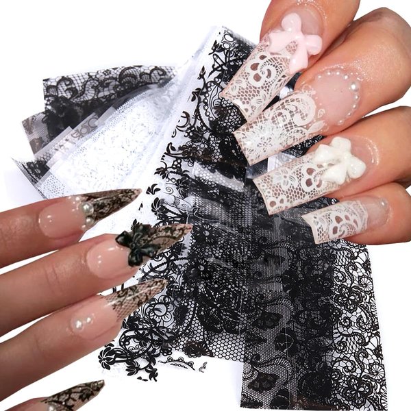 Holographic Nail Foil Transfer Stickers Black White Lace Laser Foils for kit - Nail Art Supplies Starry Paper Designs for Acrylic Decorations Women Finger Toe DIY Manicure Wraps Nail Decor 10Sheets