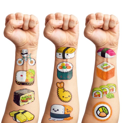 Sushi Temporary Tattoos 8 Sheets 96 PCS Sushi Roll Party Decorations Favors Supplies Japanese Theme Birthday Cute Stickers Christmas Gifts for Boys Girls Kids Class School Prizes Carnival