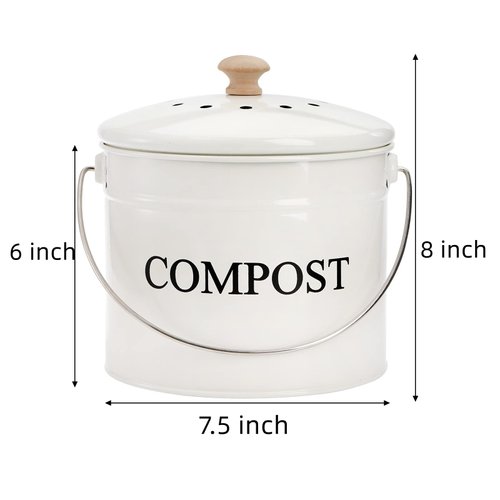 AVLA Compost Bin Kitchen Countertop, 1 Gallon Composter Pail, Food Waste Composting Bucket, Odorless Trash Keeper Container, White Scraps Caddy with Charcoal Filter, Carrying Handle, Lid