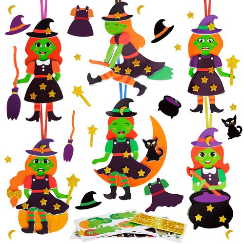 Fennoral 12 Pack Witch Craft for Kids Make Your Own Witch Foam Stickers Ornament DIY Halloween Arts and Crafts for Girls Boys Halloween Party Decoration Supplies