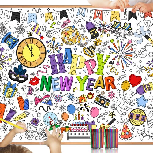 HOWAF Happy New Year Coloring Poster with 24pcs Paint Pens, New Year Firework Jumbo Paper Coloring Banner, Happy New Year Giant Paper Coloring Tablecloth for 2025 New Year Eve Part Kids