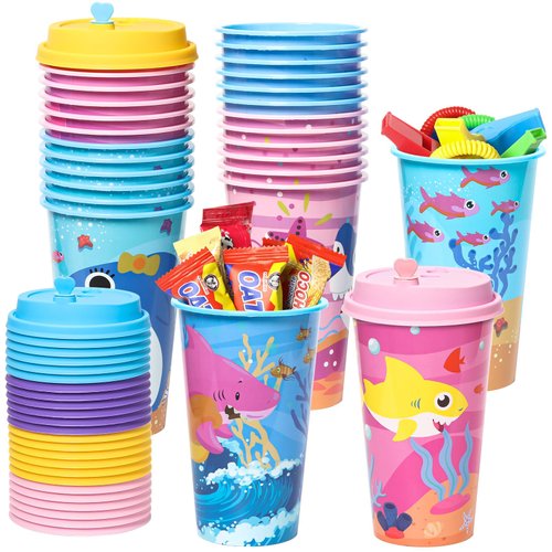 Lidmada Shark Party Favors Goodie Cups, 24 Pack Birthday Party Cups in 4 Colors, 16OZ Plastic Ocean Shark Themed Reusable Party Supplies Decorations Cups with Lids Plugs for Baby Kids