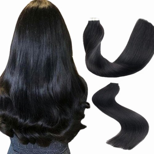 Ymeyme Jet Black Tape in Hair Extensions Human Hair, 20 inches