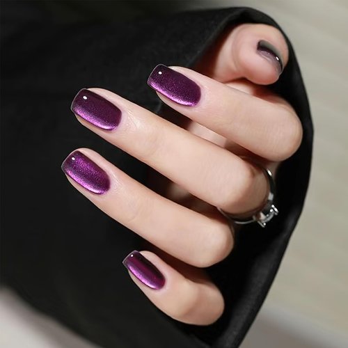 ZASKHLD Purple Cat Eye Press on Nails Medium Length Square Fake Nails Glossy Glitter False Nails Full Cover Stick on Nails Reusable Acrylic Glue on Nails for Women Girls Manicure Nail Decoration 24Pcs