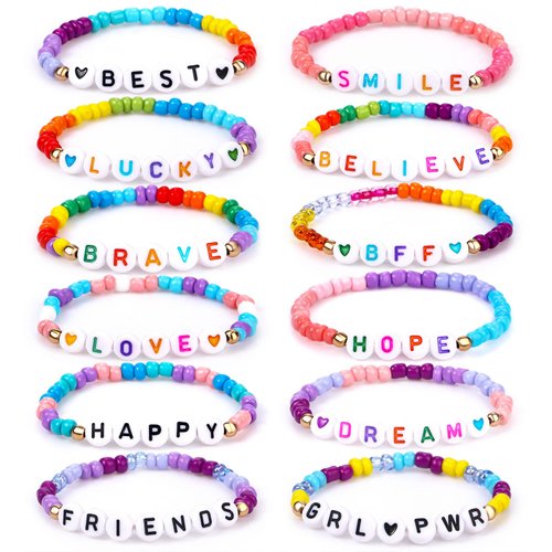 Lorfancy 12Pcs Kids Bracelets for Girls Letter Beads Bracelets Toddler Baby Cute Friendship Princess Stretchy Pretend Play Bracelet Costume Jewelry Accessories (A-12 pcs)