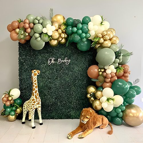 Safari Jungle Balloon Garland Arch Kit Sage Green and Brown Balloons with Animal Print for Wild One Tropical Theme Party Supplies for First Bithday Baby Shower Wedding Decorations