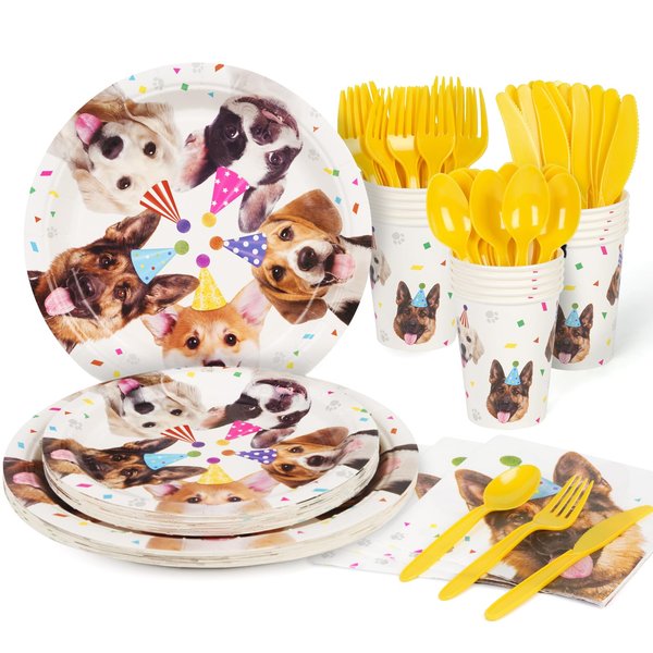 DECORLIFE Dog Party Supplies Serves 16, Dog Birthday Plates and Napkins, Cups, Cutlery, Puppy Party Decorations for Kids, Total 112 PCS