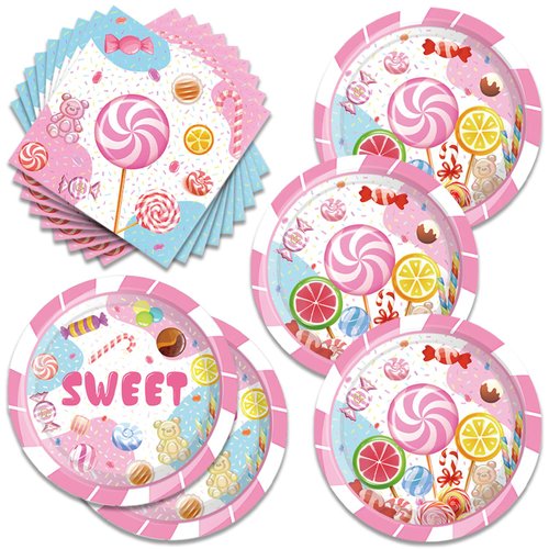 JGGQSY 40pcs Candie Birthday Party Supplies Disposable Paper Plates Napkins for candie Girl Party Birthday Decorations, Serve 20, aa
