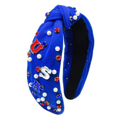 Ronglry 4th of July Headband for Women Patriotic American Flag Headband Red White and Blue Headband Crystal Heart USA Knotted Wide Headbands Independence Day 4th of July Accessories Gifts-Blue