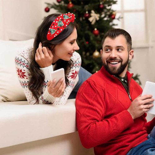 Christmas Headband for Women Holiday Christmas Accessories Beaded Xmas Bow Tree Snowflake HOHOHO Knotted Headband Red Green Crystal Pearl Top Knot Headband Festive Holiday Gifts (Xmas Tree 3)