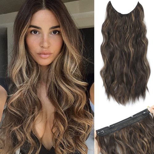 Amchoice Halo Hair Extensions 20 Inch Invisible Wire Secret Hairpieces with Adjustable Size Transparent Headband 4 Secure Clips Long Curly Wavy Hair Extensions(20 Inch, Brown with Highlighters)