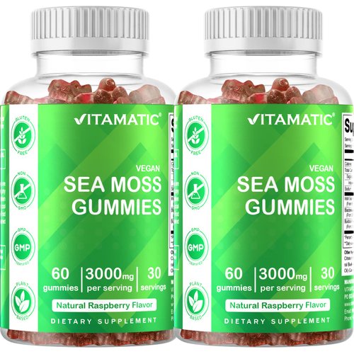Vitamatic Irish Sea Moss Gummies - 3000 mg - 60 Vegan Gummies - Made with Bladderwrack & Burdock Root - Seamoss Supplement for Thyroid, Energy, Immune Support (60 Gummies (Pack of 2))