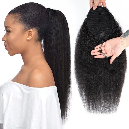 Kinky Straight Ponytail Extensions Human Hair Wrap Drawstring Adjustable Clip In Pony Tail Yaki Curl Natural Black (14", Kinky Straight)