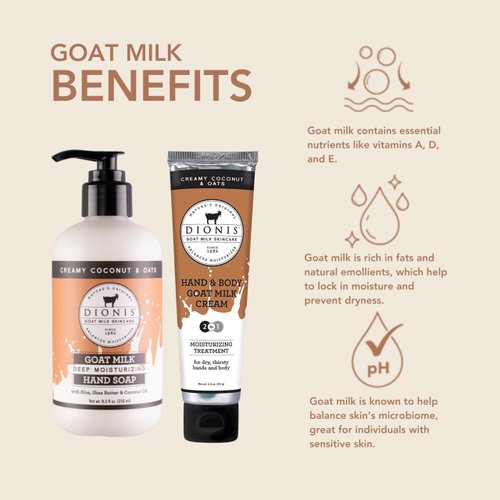 Dionis Goat Milk Skincare Creamy Coconut & Oat 8.5oz Hydrating Body Lotion and 3.3oz Hand & Body Moisturizing Travel Size Cream Bundle, Natural Ingredients, Made in the USA, Cruelty Free, Paraben Free