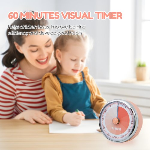 Visual Timer for Kids and Adults, Teeloray Time Timer Kids Timer for Desk 60 Minute Countdown Timer Mechanical Kitchen Timer, Time Management Tool for Home Classroom Teacher Study Cooking, Pink