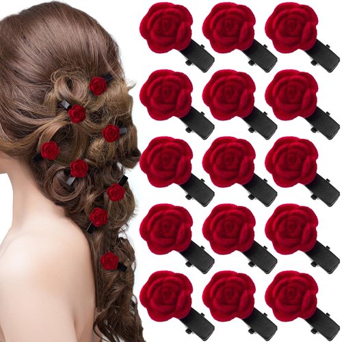 HINZIC 20Pcs Valentine Rose Flower Mini Hair Clips, Red Floral Hair Barrettes Decorative Brooch Cute Headpiece Vintage Hairpin Accessories for Women Girls Bridal Toddlers Wedding