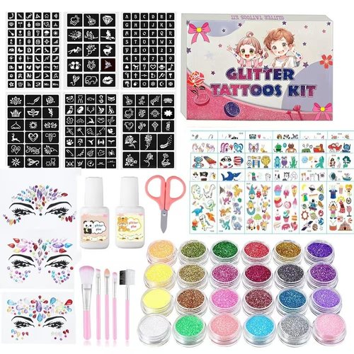 Temporary Glitter Tattoos Kit for Kids, 24 Body Glitter, 2 Glue, 5 Brushes, Makeup Kit, Gift for Kids Birthday Party Festival