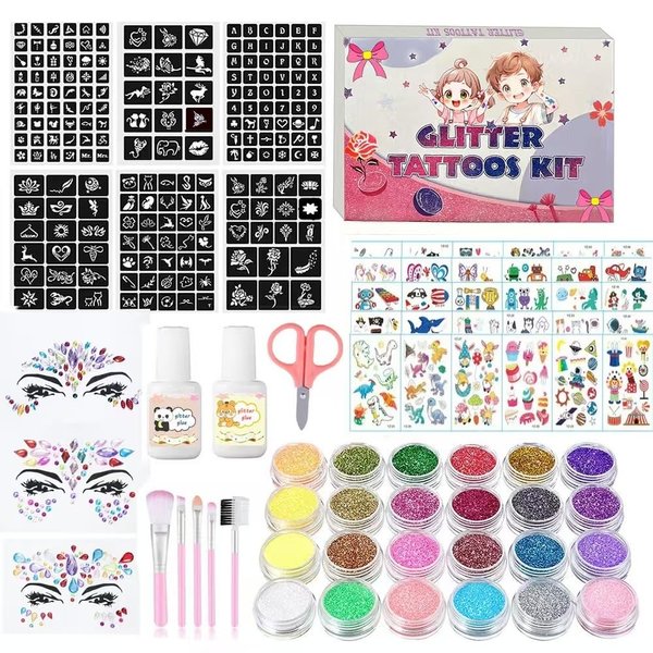 Temporary Glitter Tattoos Kit for Kids, 24 Body Glitter, 2 Glue, 5 Brushes, Makeup Kit, Gift for Kids Birthday Party Festival