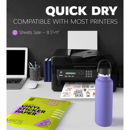 Premium Printable Vinyl Sticker Paper for Inkjet Printer and Laser - 20 White Matte Sticker Paper Waterproof - Durability Adhesive Paper 8.5 x 11, Fast Dry, Holds Ink Well, Great for Cutting Machines