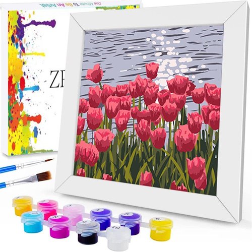 ZRIZQ Paint by Numbers for Adults Beginner Kids Ages 6-8-12 with Wooden Frame,Easy Paint by Numbers for Gift Home Decoration 8x8 Inch(Flowers 2)