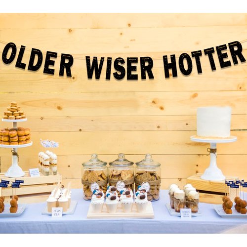 Ushinemi Black Older Wiser Hotter, Funny Birthday Banner for Men Women, Glitter Birthday Party Decorations