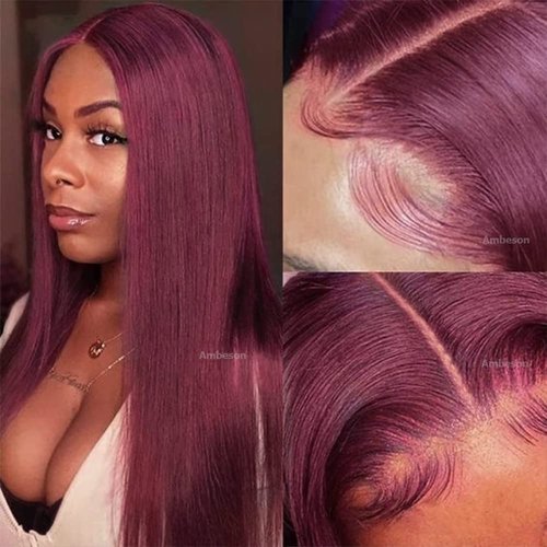 Ambeson Long Burgundy Color Lace Front Wigs Straight Hair Glueless Heat Resistant Synthetic Lace Front Wigs for Women Pre Plucked hair