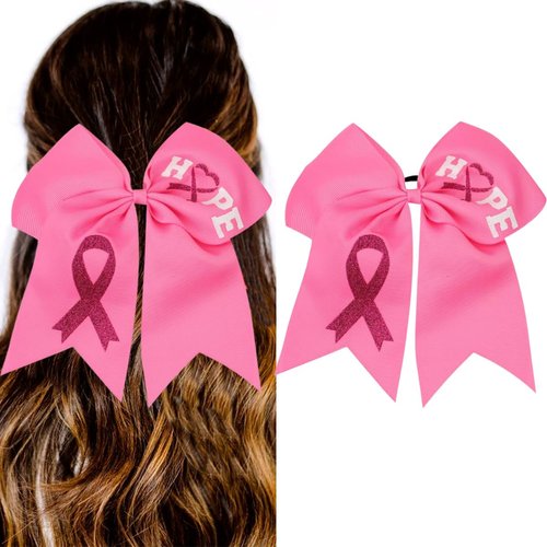 7 Inch Breast Cancer Awareness Cheer Hair Bow Ties with Elastic Pink Ribbon Cheer Hair Bows Hair ...