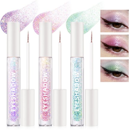 Noerrors 3Pcs Liquid Glitter Eyeshadow Stick, Holographic Loose Glitter Glue for Eye Crystals Makeup, Transparent Flashing Colorful Sequins Shimmer Metallic Sparkling Bling Under Eye Shadow Set