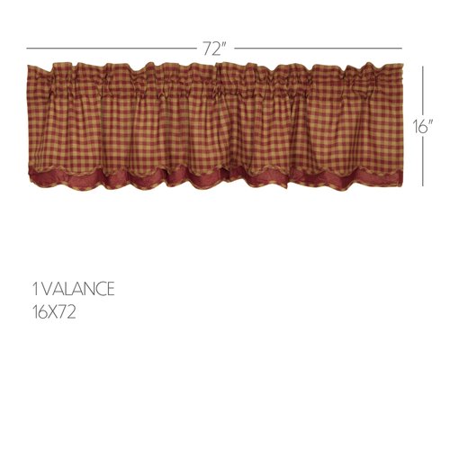 VHC Brands Burgundy Check Primitive 16"x72" Valance Red Rod Pocket Cotton Kitchen Window Curtains
