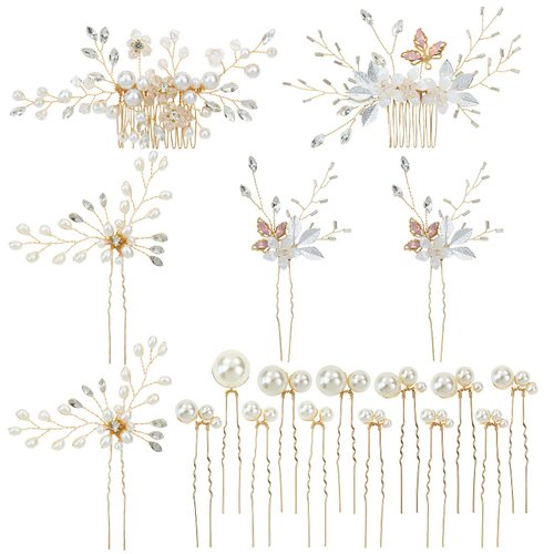 inSowni 18 Pack Gold Flower Bridal Wedding Hair Side Combs+U-shaped Pearls Hair Pins Hair Pieces Headpieces Accessories for Brides Bridesmaids Women Girls
