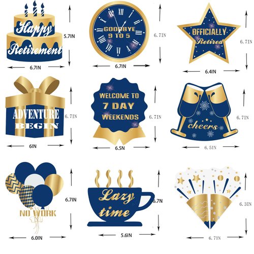 WINPOGEE 9Pcs Happy Retirement Decorations Table Honeycomb Centerpieces Party Supplies Blue Gold Retirement Adventure Awaits Sign for Men Retired Decor Goodbye Retirement Signs