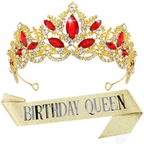 Birthday Crowns for Women, Aprince Birthday Tiaras for Women Crowns and Tiaras for Women Girls Birthday Crown and Birthday Queen Sash Gold Red Crown Queen tiara for Wedding Prom Party Halloween