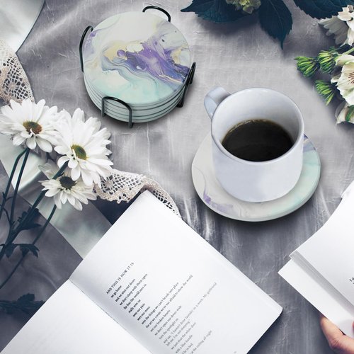 YSUUTCNI 6 Pcs Purple Marble Abstract Ceramic Coasters with Holder, Absorbent Coasters for Drink, Round Table Coaster Set with Cork Base for Café, Bar, Home