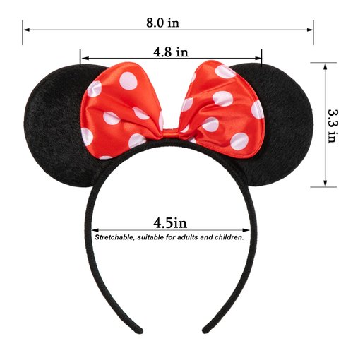 CHuangQi 2pcs Mouse Ears Headband Solid Black Ear & Red Bow with Polka Dots for Boy & Girl Birthday Party, Party Favors