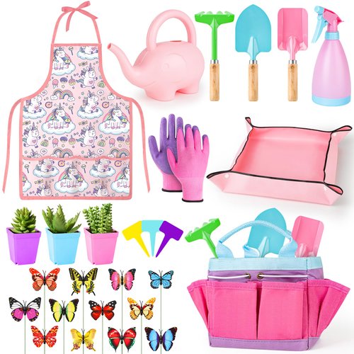 deAO Kids Gardening Tool Set, Garden Tools for Toddler, Include Safe Shovel, Rake, Fork, Gloves, Apron, Watering Can and Canvas Tote, Gardening Kit for Boys and Girls