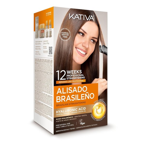 Kativa Brazilian Straightening Kit, 12 Weeks of Home Use Professional Straightening, with Organic Argan Oil, Shea Butter, Keratin & Amino Acids, for Straighter, Softer and Shinier Hair, All Hair Types